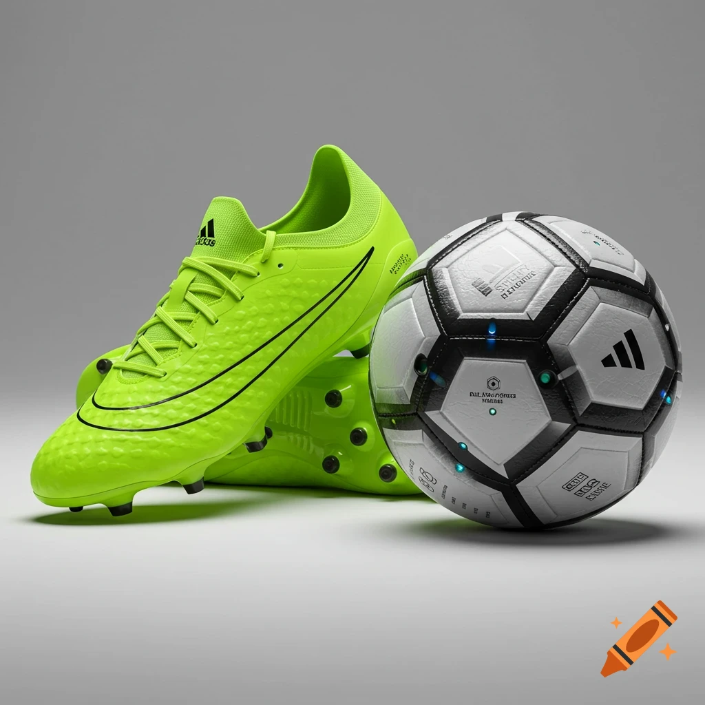 Photorealistic image of green soccer cleats and a soccer ball on a grey background.