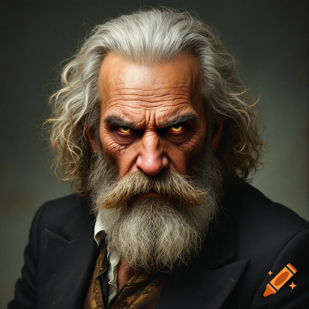 Photorealistic portrait of an old man with grey hair and beard and intense glowing yellow eyes.