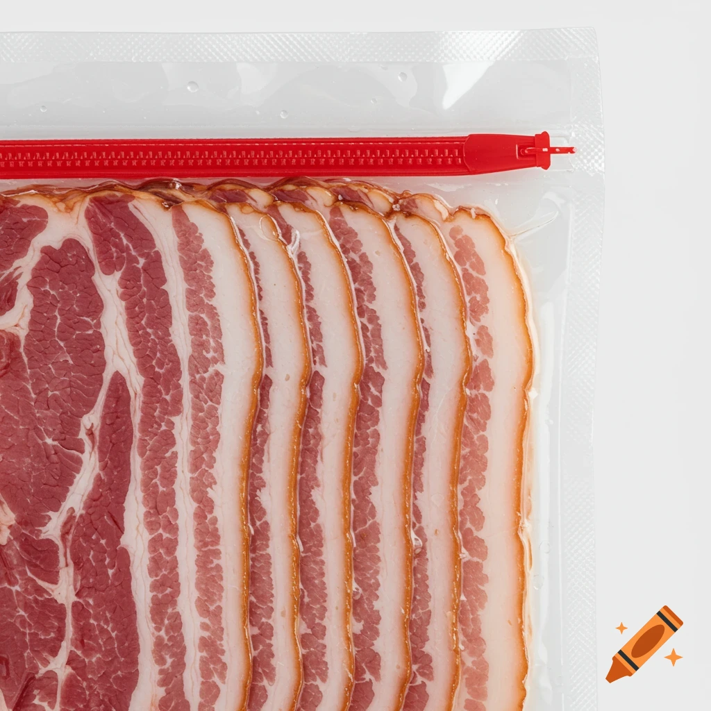 Slices of raw bacon in clear plastic packaging with a red zipper seal.