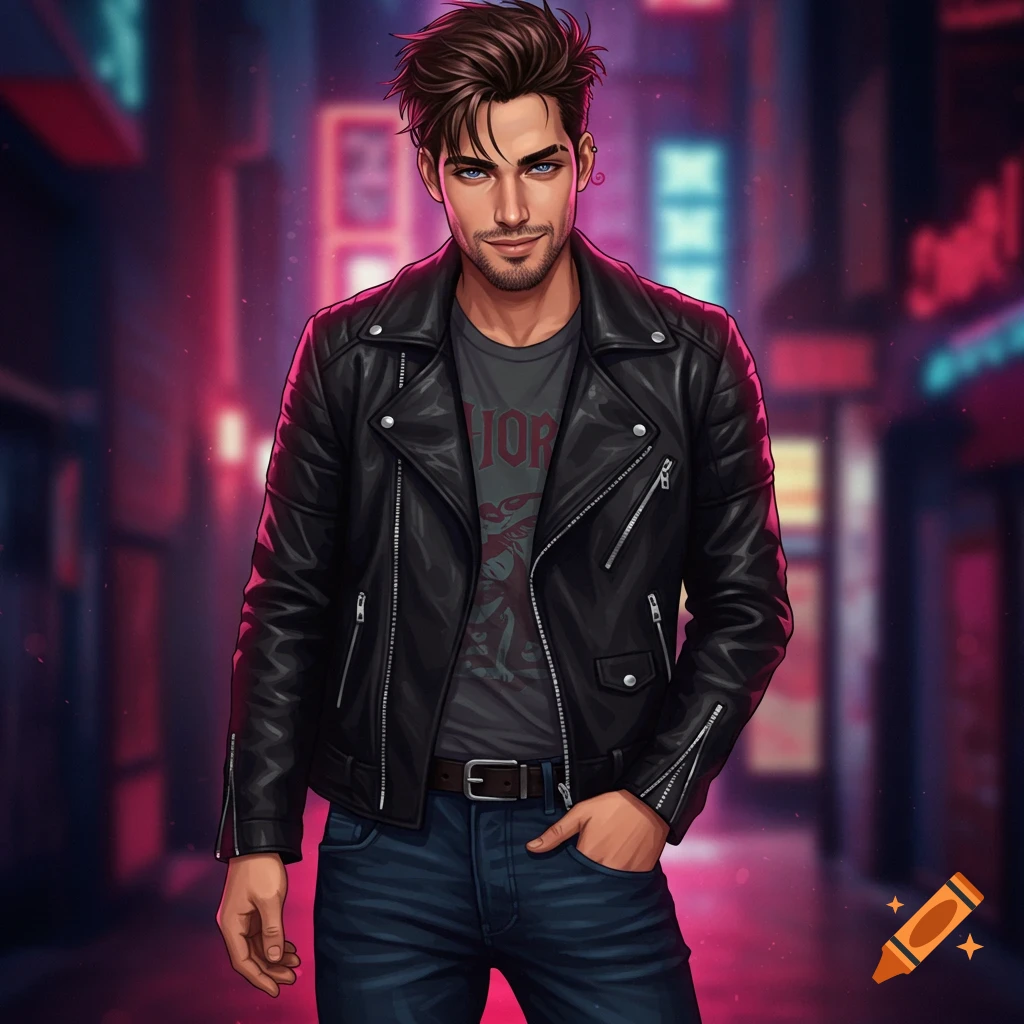 A young man in a leather jacket stands in a neon-lit street
