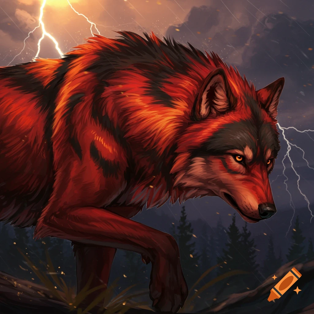 A red and black wolf stands in a stormy forest with lightning.