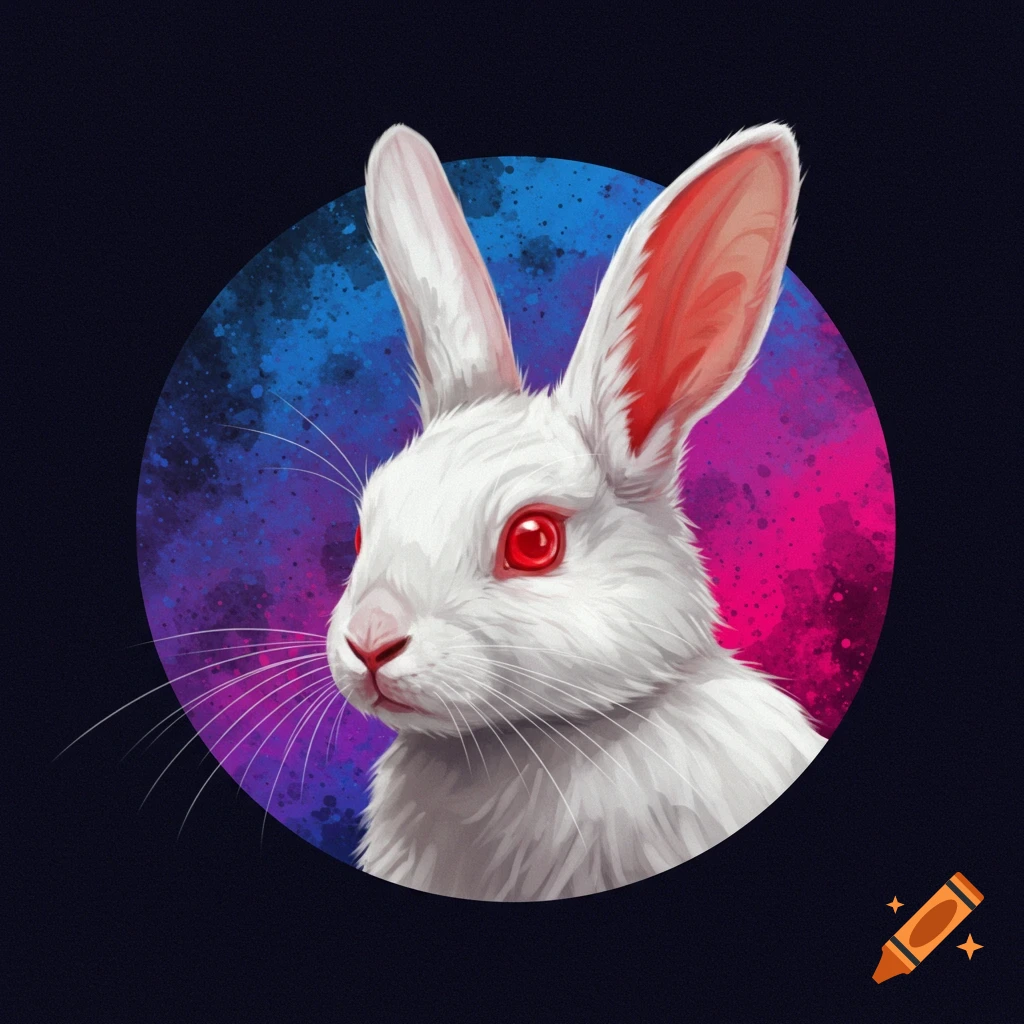 Semi-realistic white rabbit profile against a cosmic background.