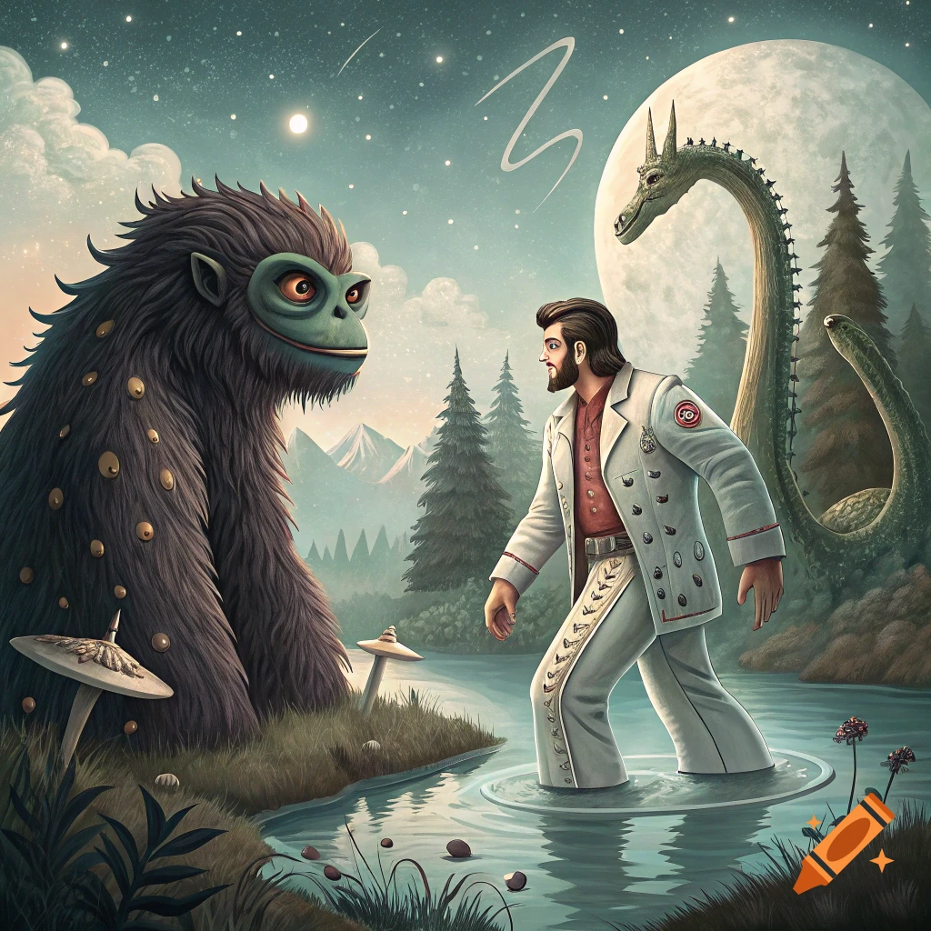 A surreal illustration of Bigfoot, a man resembling Elvis in a suit, and a Loch Ness Monster under a full moon.