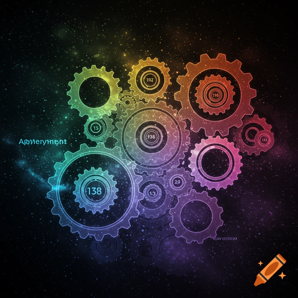 Colorful abstract gears overlapping against a dark, starry space background.