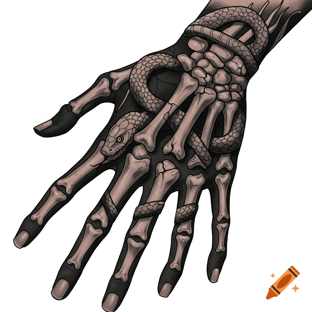 A skeleton hand is wrapped by a snake.
