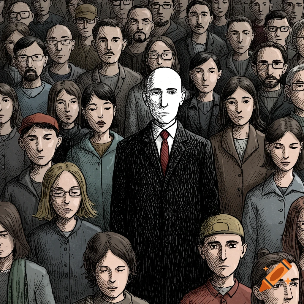 A drawing of a man standing out in a crowd of people.