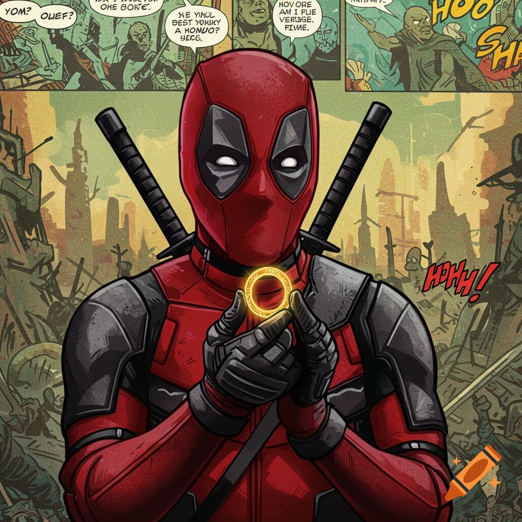 Deadpool holding a glowing ring in a comic book style with panels in the background.
