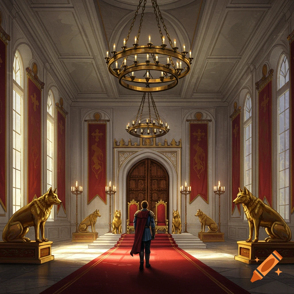 A person walks toward thrones in a grand fantasy throne room.