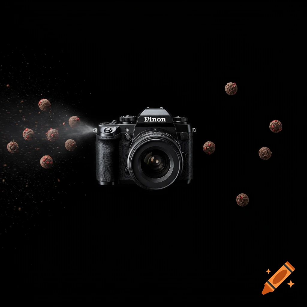 A camera shooting pepper balls on a black background.