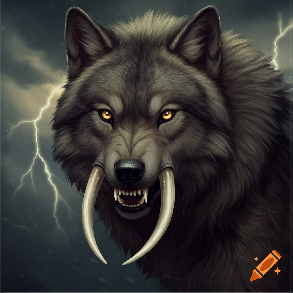 A fantasy wolf creature with large tusks and glowing yellow eyes against a stormy sky with lightning.
