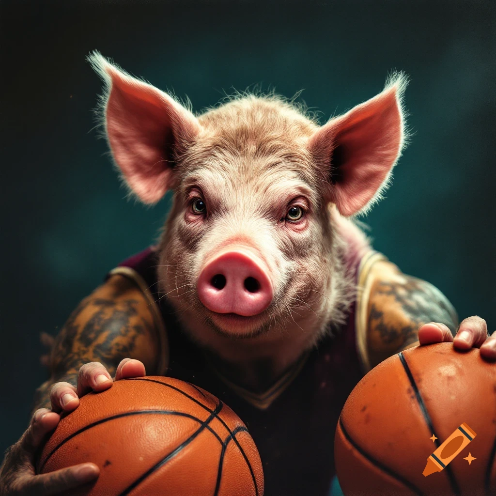 Photorealistic image of a pig-faced person wearing a basketball jersey, holding two basketballs.