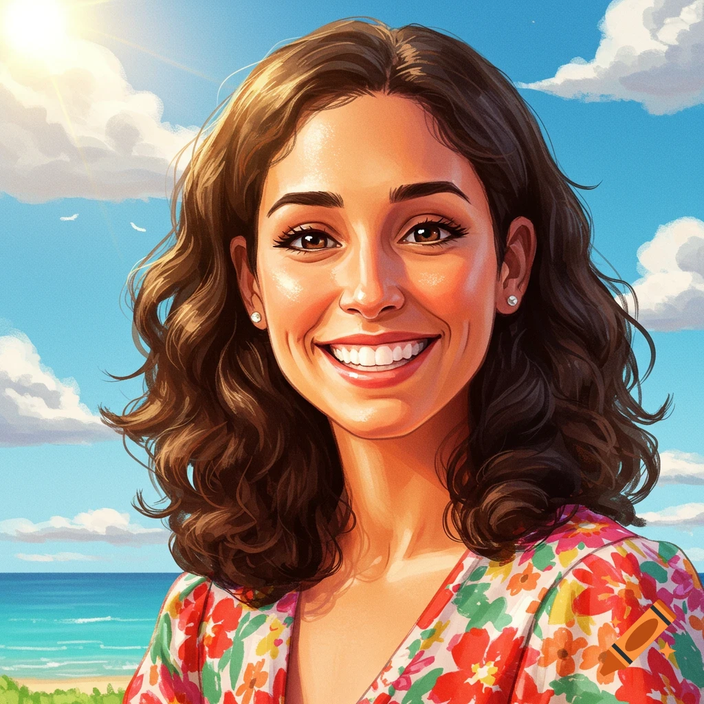A smiling woman with brown wavy hair is at the beach under a sunny sky.