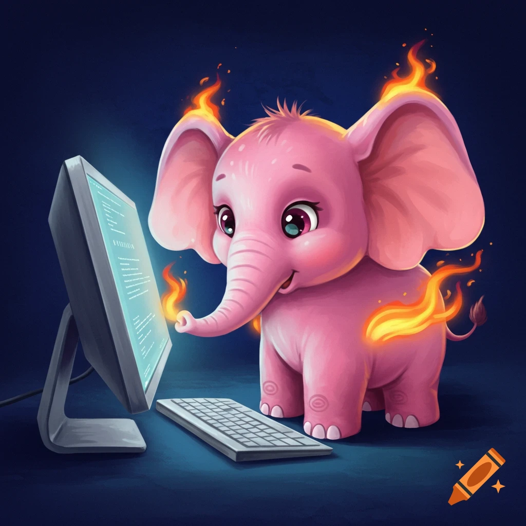 Cute pink elephant looking at a computer with fire surrounding it