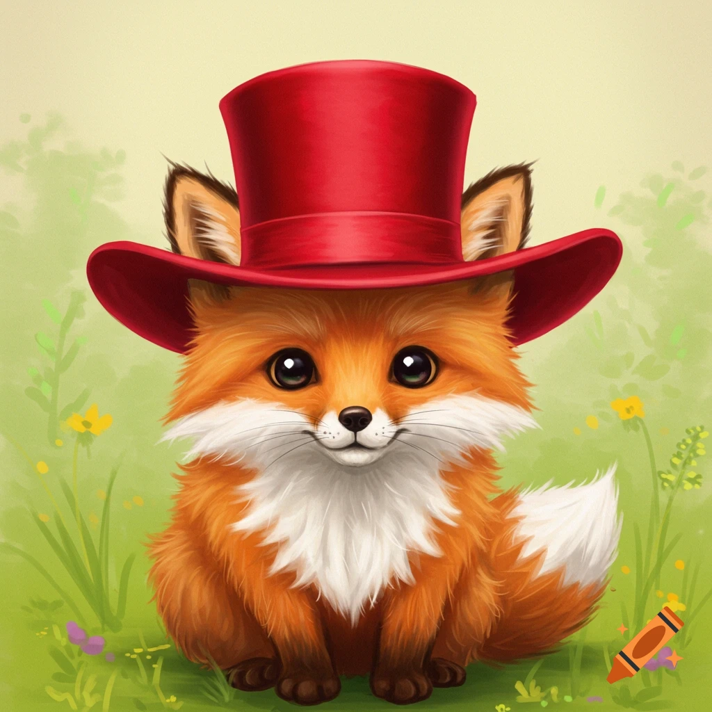 A cute fox wearing a red top hat sits in grass.