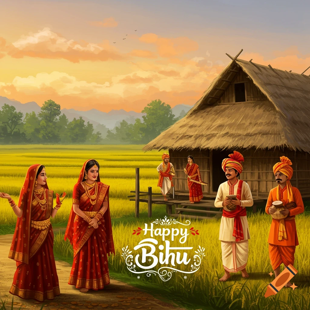 People in traditional Indian clothing are celebrating Bihu in a rural setting with fields and a hut, with the text "Happy Bihu".