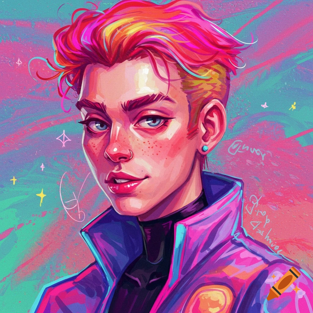 A vibrant image of a person with pink and yellow spiky hair and a purple jacket on a colorful background.