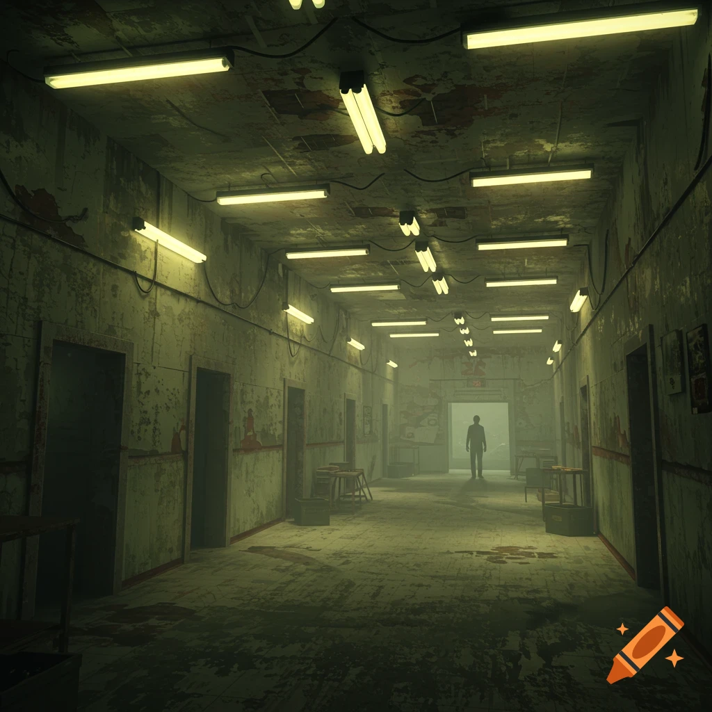 A creepy, dilapidated hospital hallway with fluorescent lights and a figure in the distance.