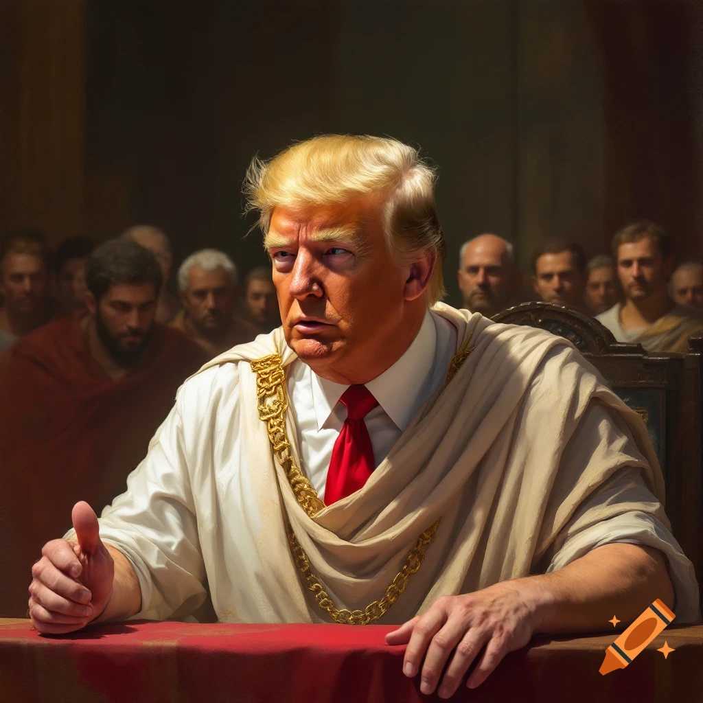 A figure resembling Trump in Roman attire gives a thumbs up at a table in a public hearing.