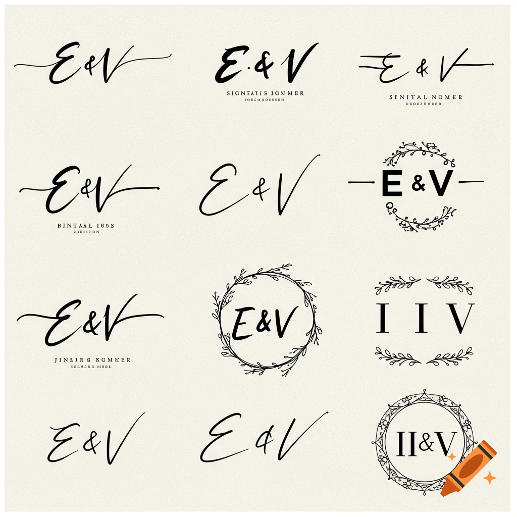 Grid of minimalist logo designs featuring script and serif initials E&V and I&V, some with frames or flourishes.