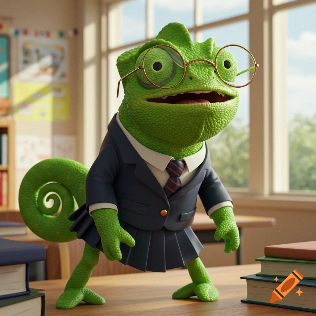 A cute, cartoon green chameleon wearing glasses and a school uniform stands on a desk in a classroom.