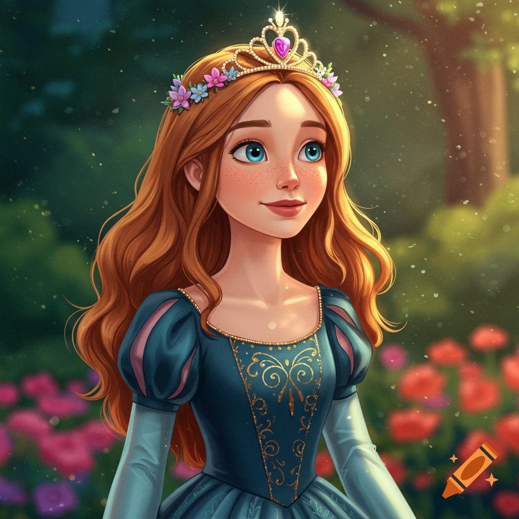 A princess with a tiara and flowers in a garden.