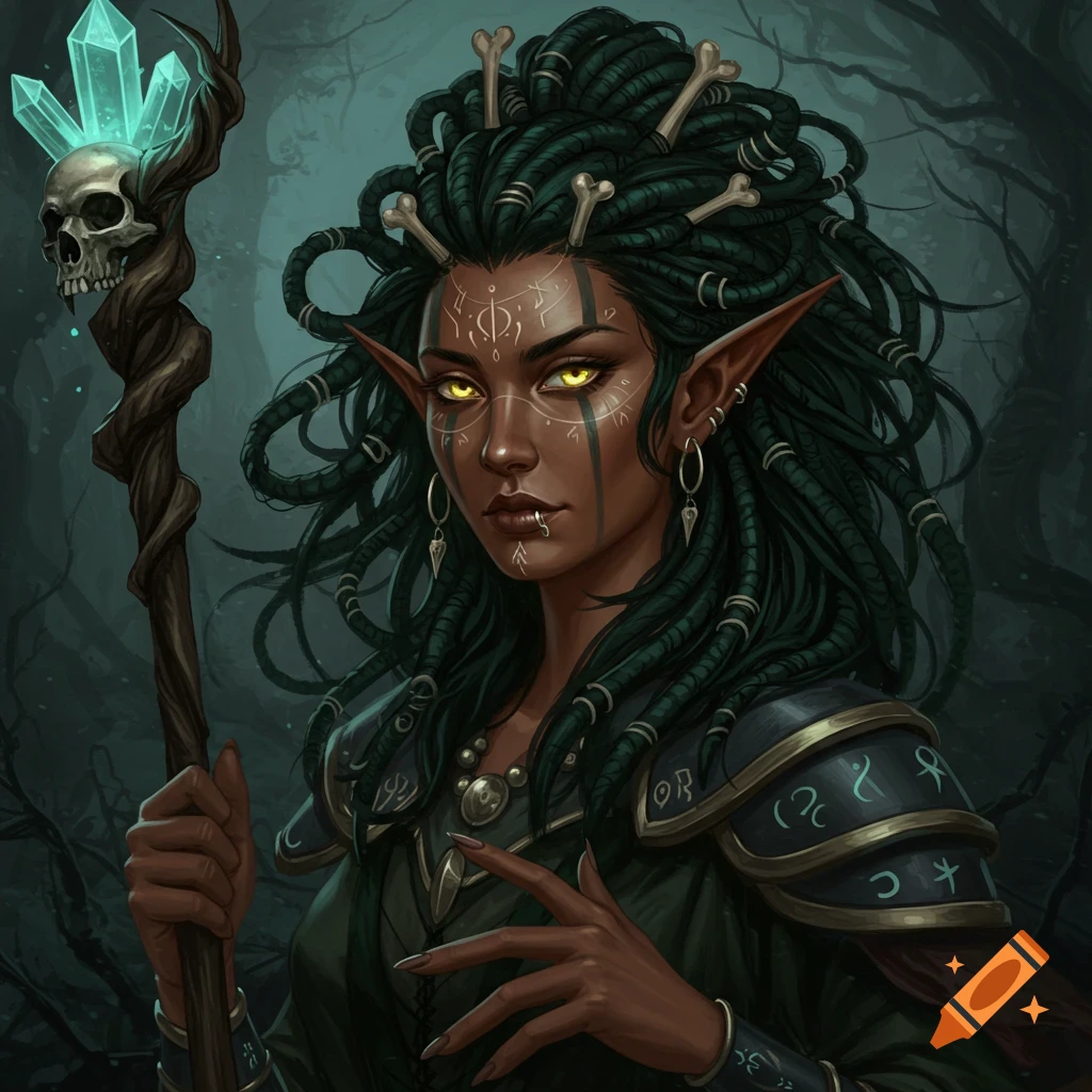 A dark-skinned female elf necromancer with dreadlocks, glowing eyes, and a skull staff.