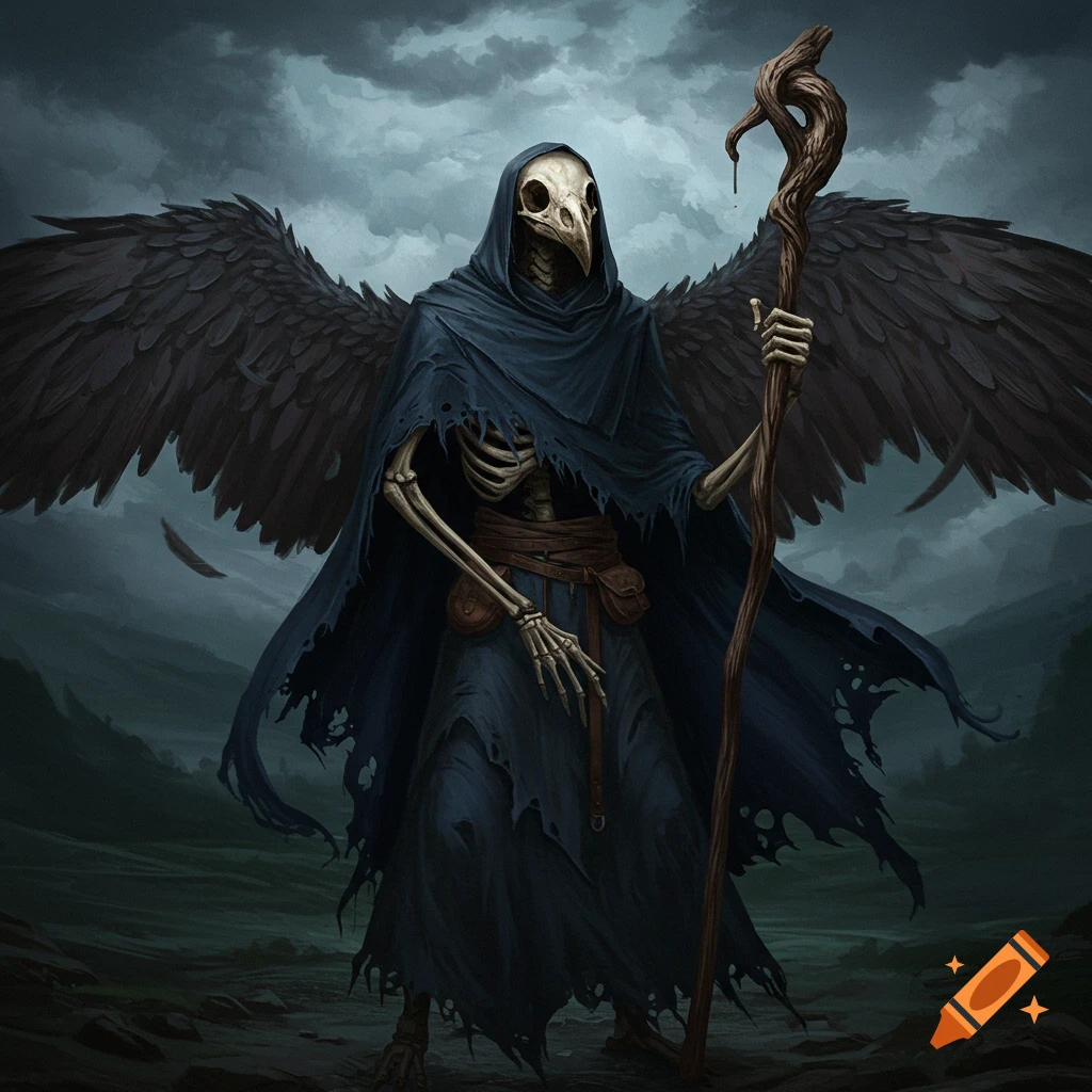 A skeletal figure with a bird skull head, dark wings, and cloak holds a staff in a gloomy landscape.