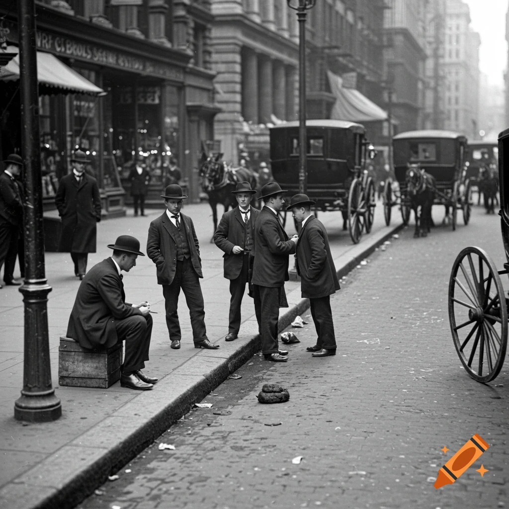 A black and white photo of men in suits on a street with horse-drawn carriages in early 20th century Manhattan.
