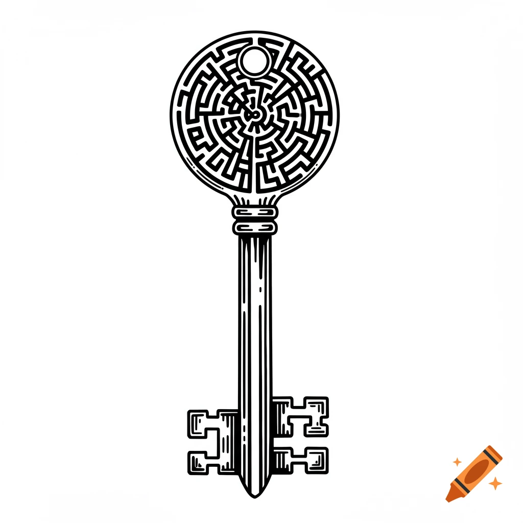 Black and white illustration of a skeleton key with a circular maze pattern as its head.