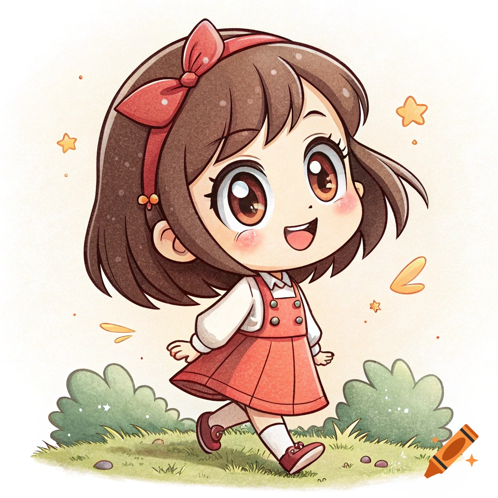 A cute chibi anime girl with brown hair and a red bow walks through a park.