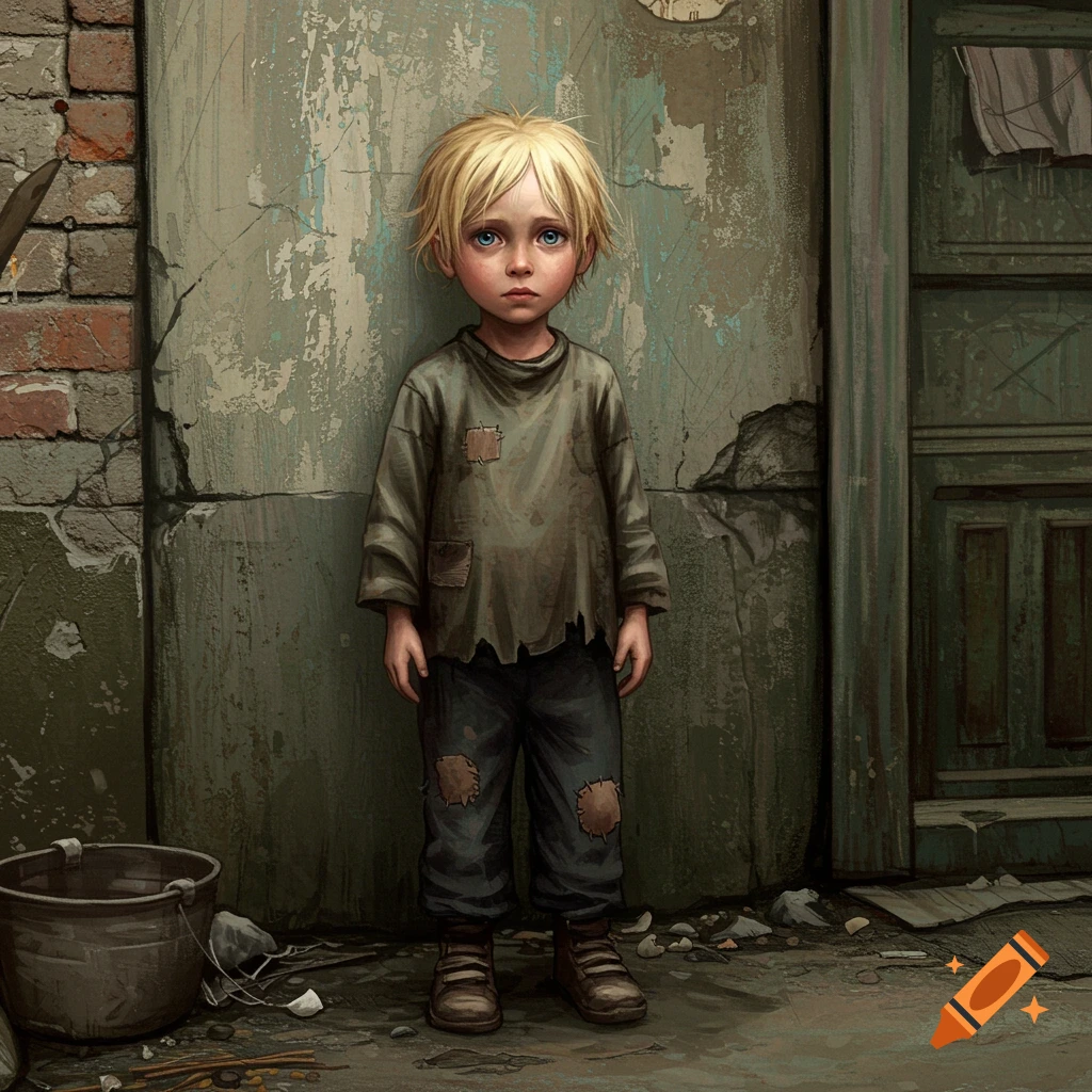 A young blonde boy in patched clothes stands in a run-down urban setting.
