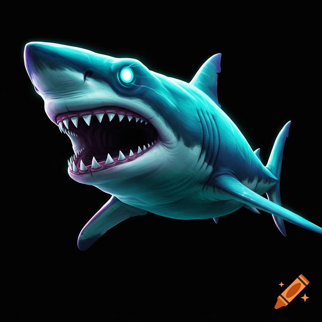 A blue and white shark with glowing eyes and sharp teeth against a black background.