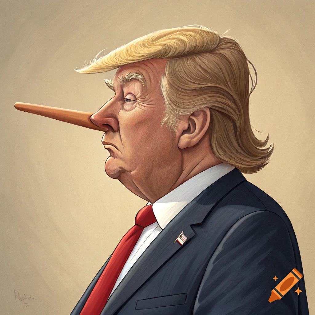 Caricature of Donald Trump in profile with a long, Pinocchio-like nose.