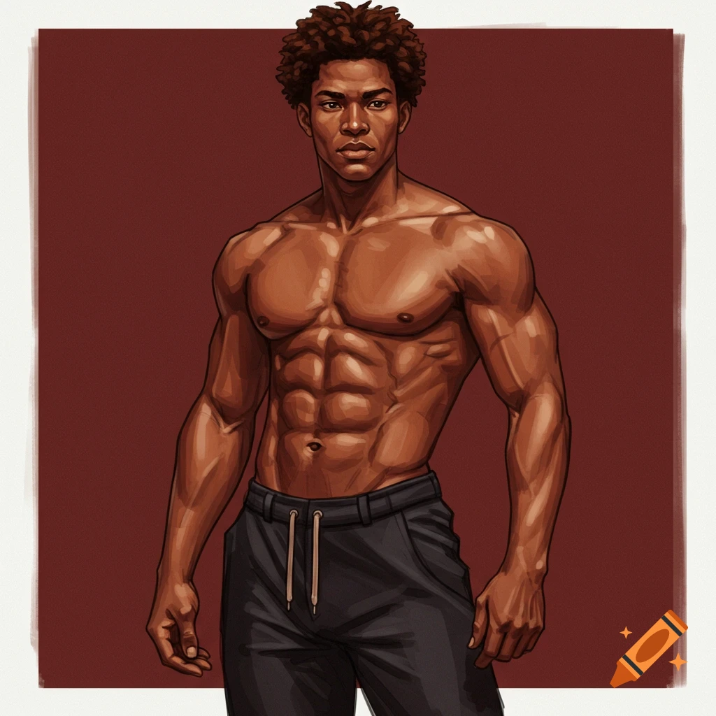 A muscular Black man stands against a vibrant red background.