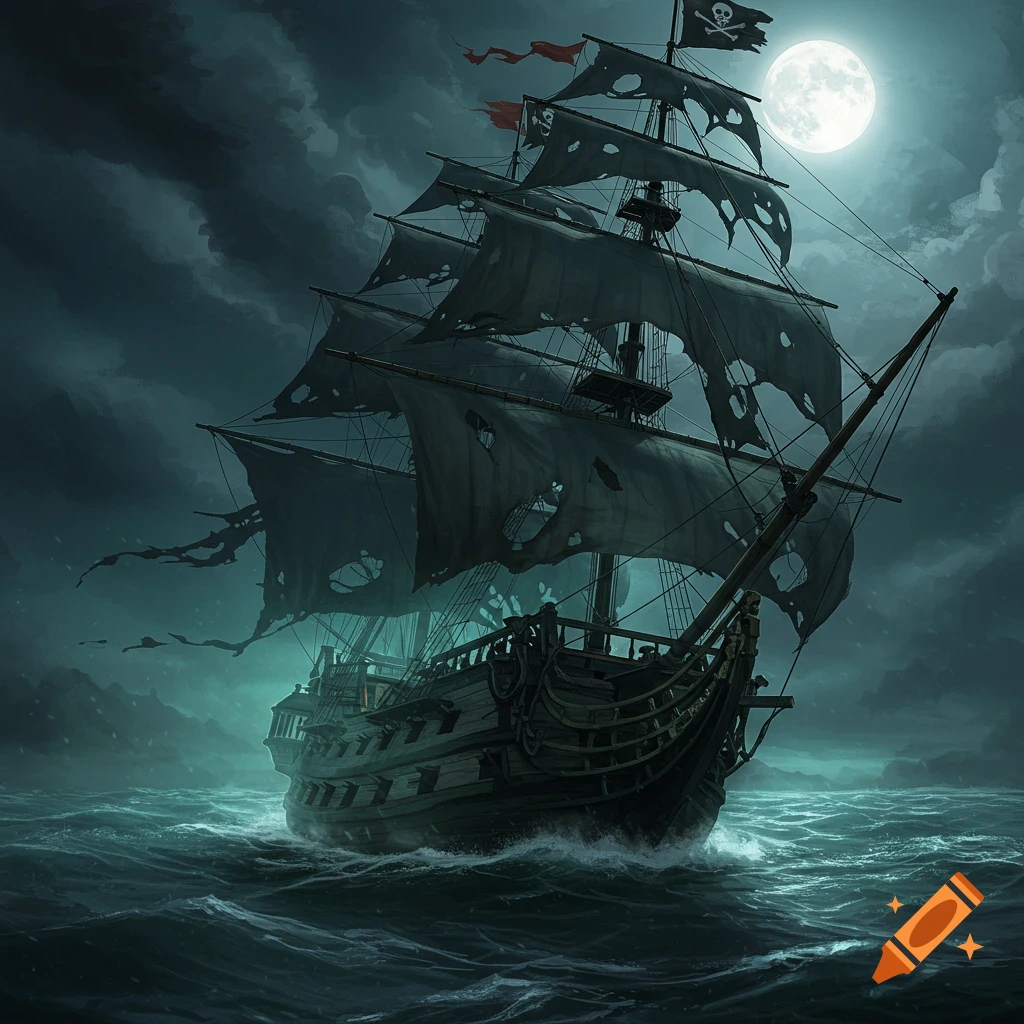 A ghost pirate ship with tattered sails sailing on a stormy sea under a full moon at night.