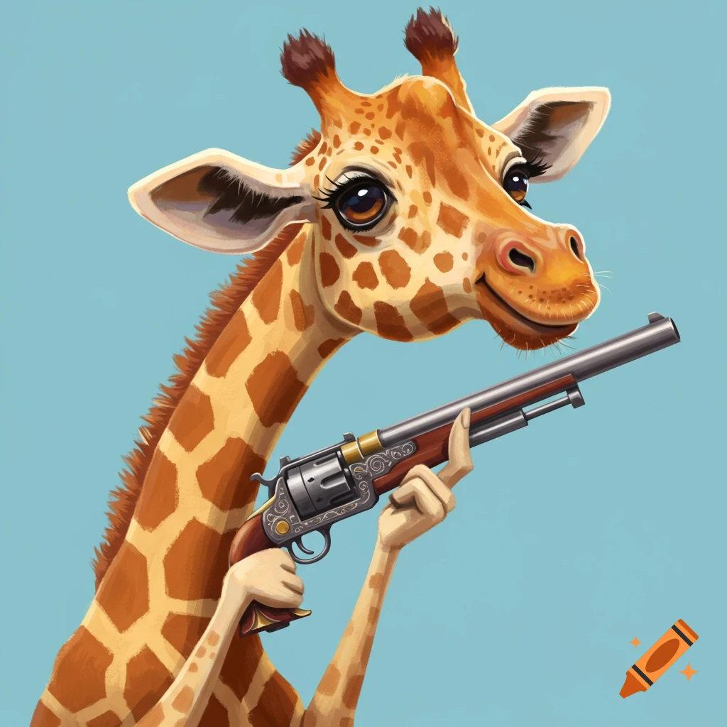 A cartoon giraffe holding a shotgun.