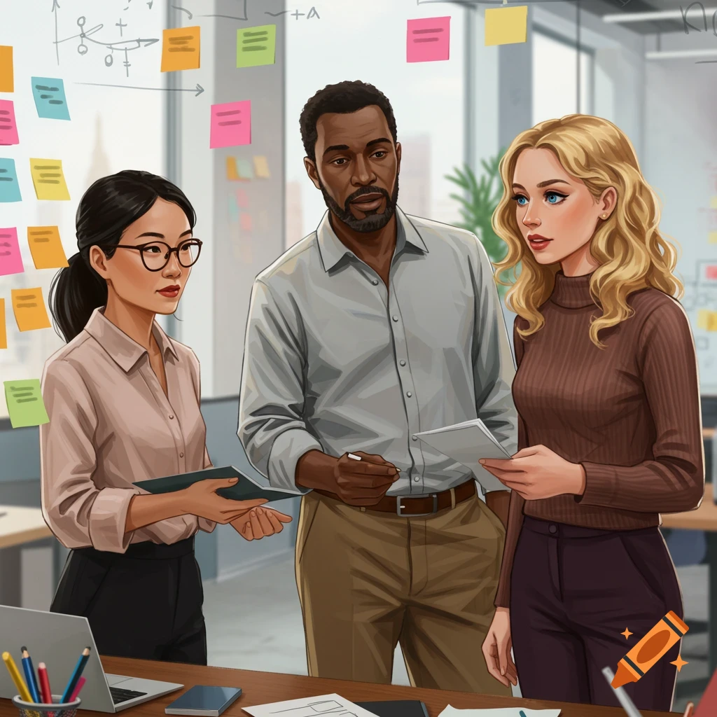 Three diverse people are reviewing notes and diagrams on a whiteboard in an office.