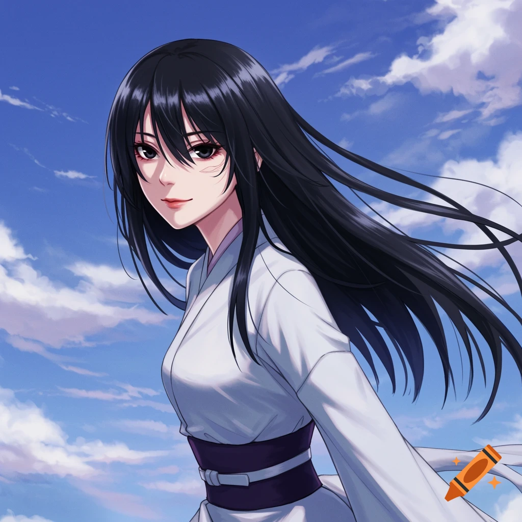 Anime illustration of a woman with long black hair in a white kimono against a cloudy sky.
