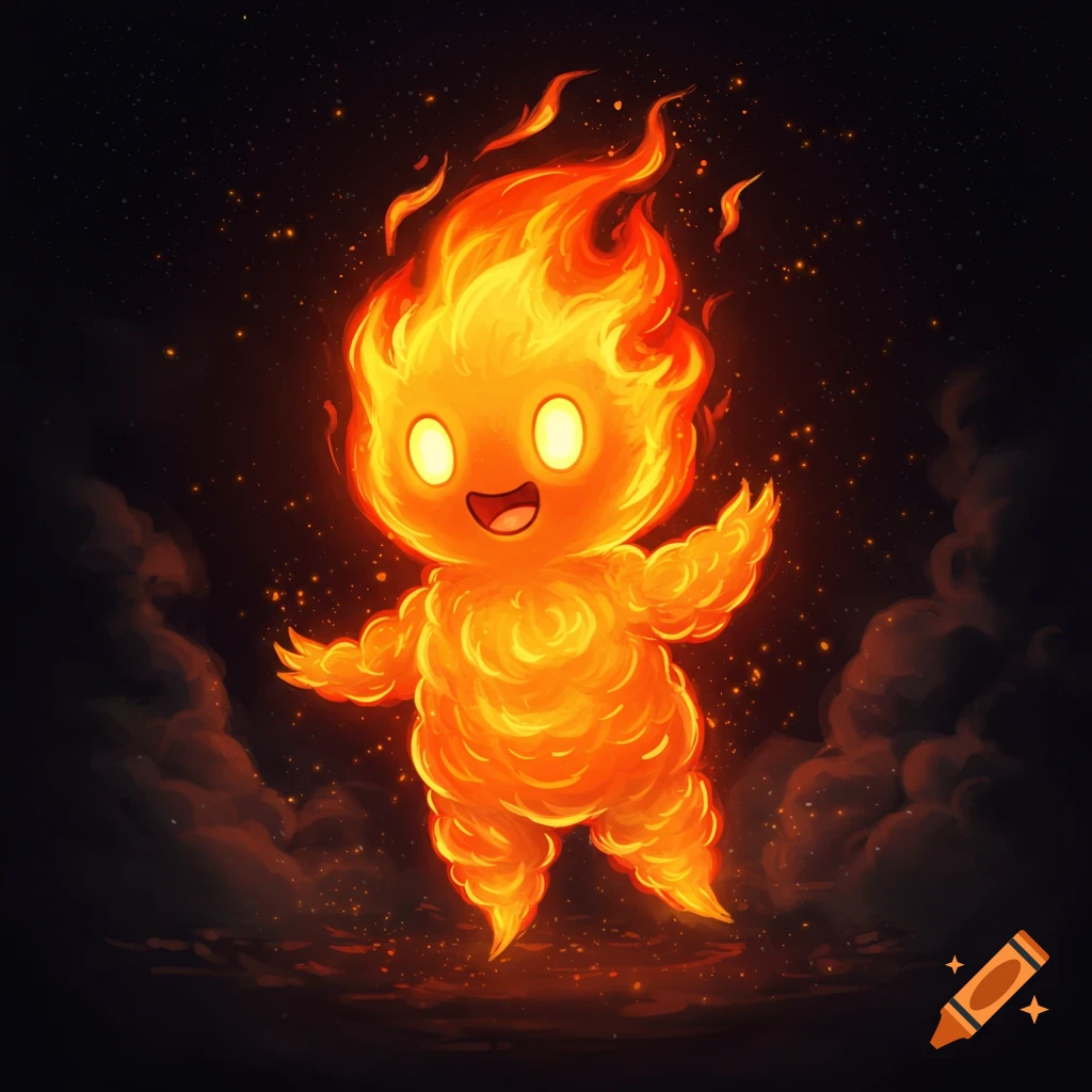 A cute, glowing orange fire creature smiles and raises its arms, standing among fiery clouds in a dark, starry sky.