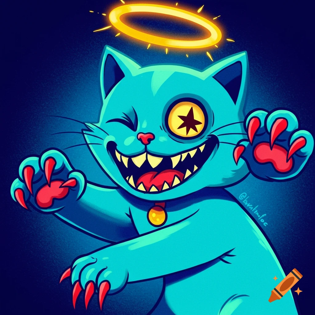 A stylized blue cat with a star eye, sharp teeth, claws, and a halo.