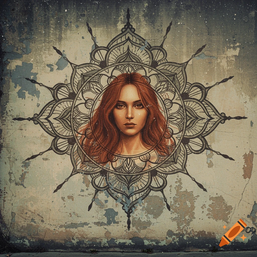 Portrait of a woman within a mandala design on a weathered wall.