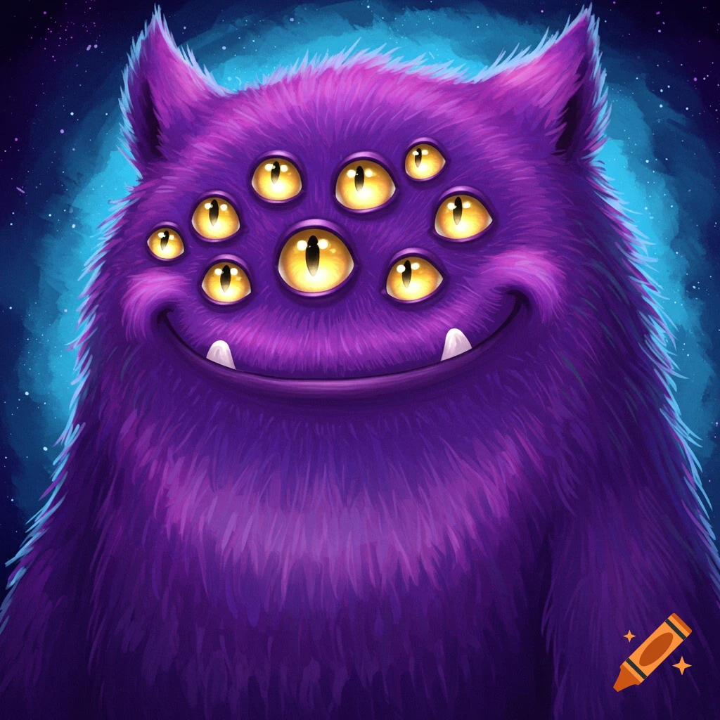A furry purple monster with many yellow eyes and fangs, smiling against a starry background.
