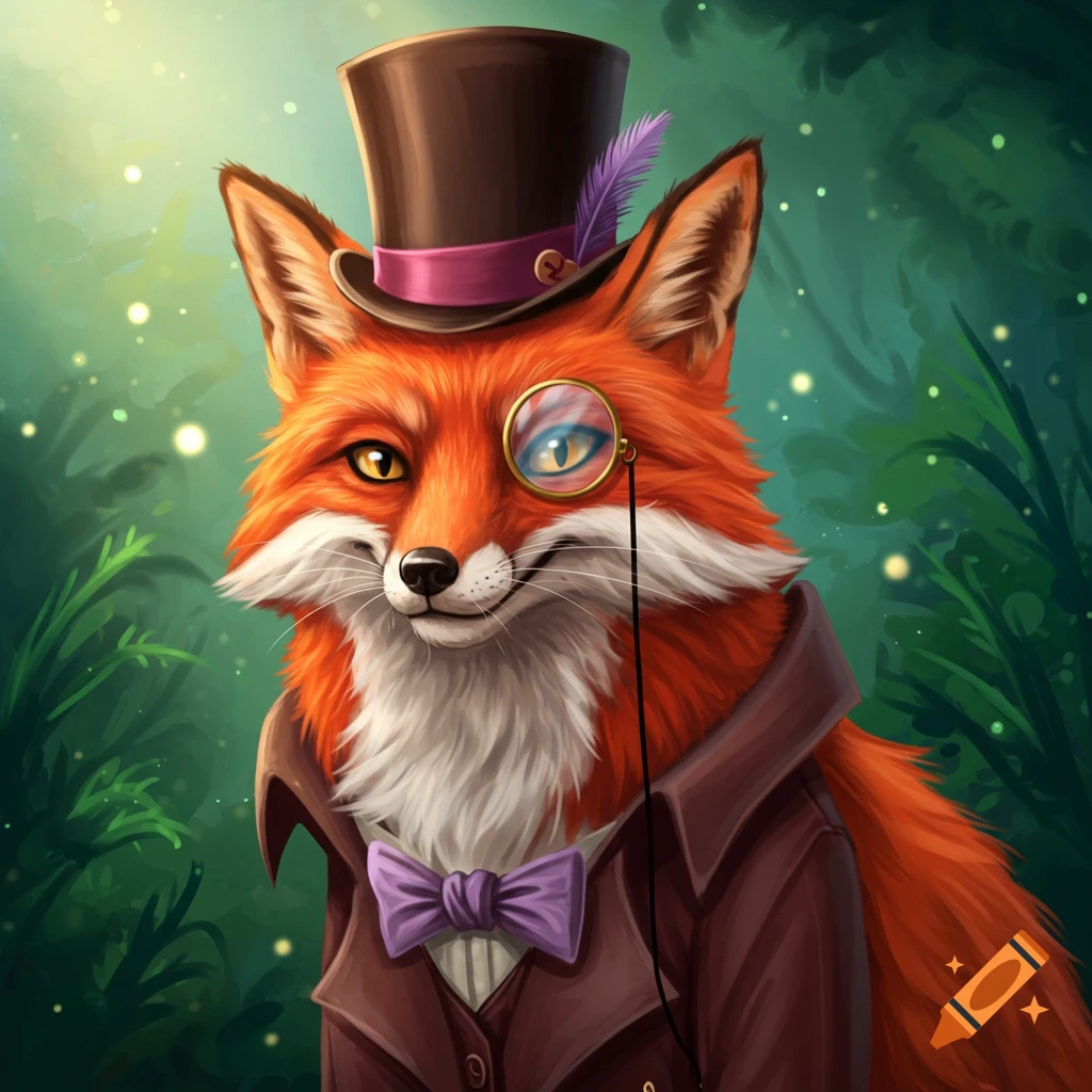 A fox wearing a top hat, monocle, and coat, in a forest