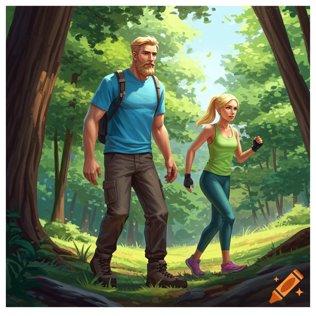 A man and woman hiking through a sunlit forest.