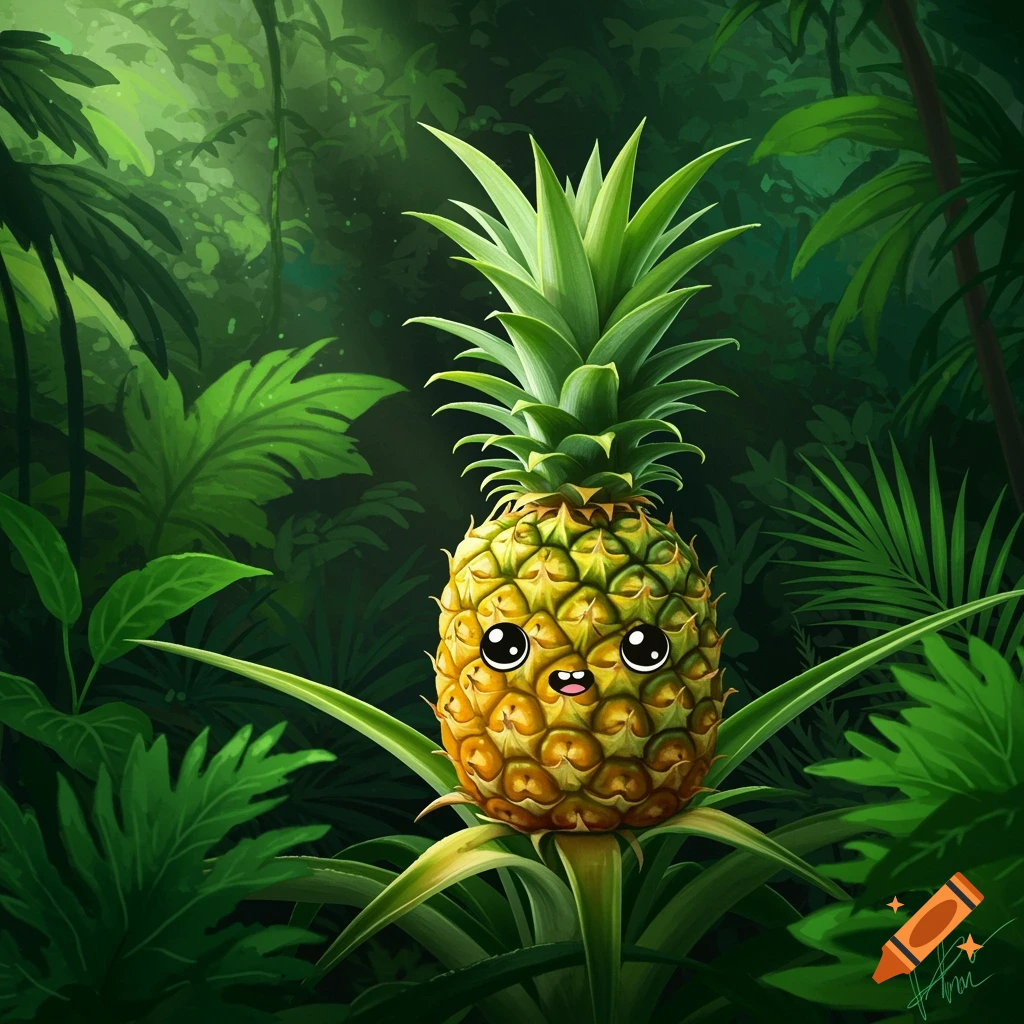 A whimsical cartoon pineapple with a face sits among lush green foliage in a rainforest.