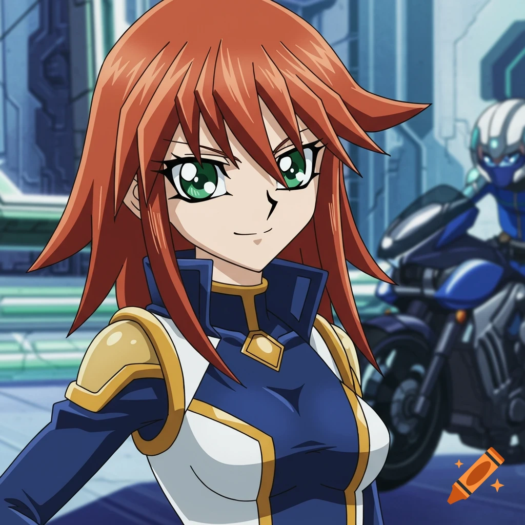 Anime portrait of a female character with red hair and green eyes in a blue and white uniform, with a motorcycle in the background.