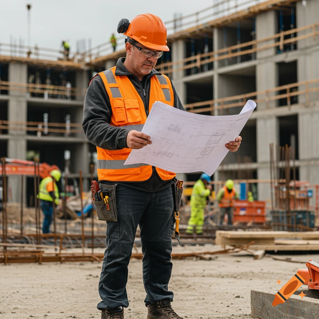 A construction superintendent in safety gear looks at blueprints on a construction site.