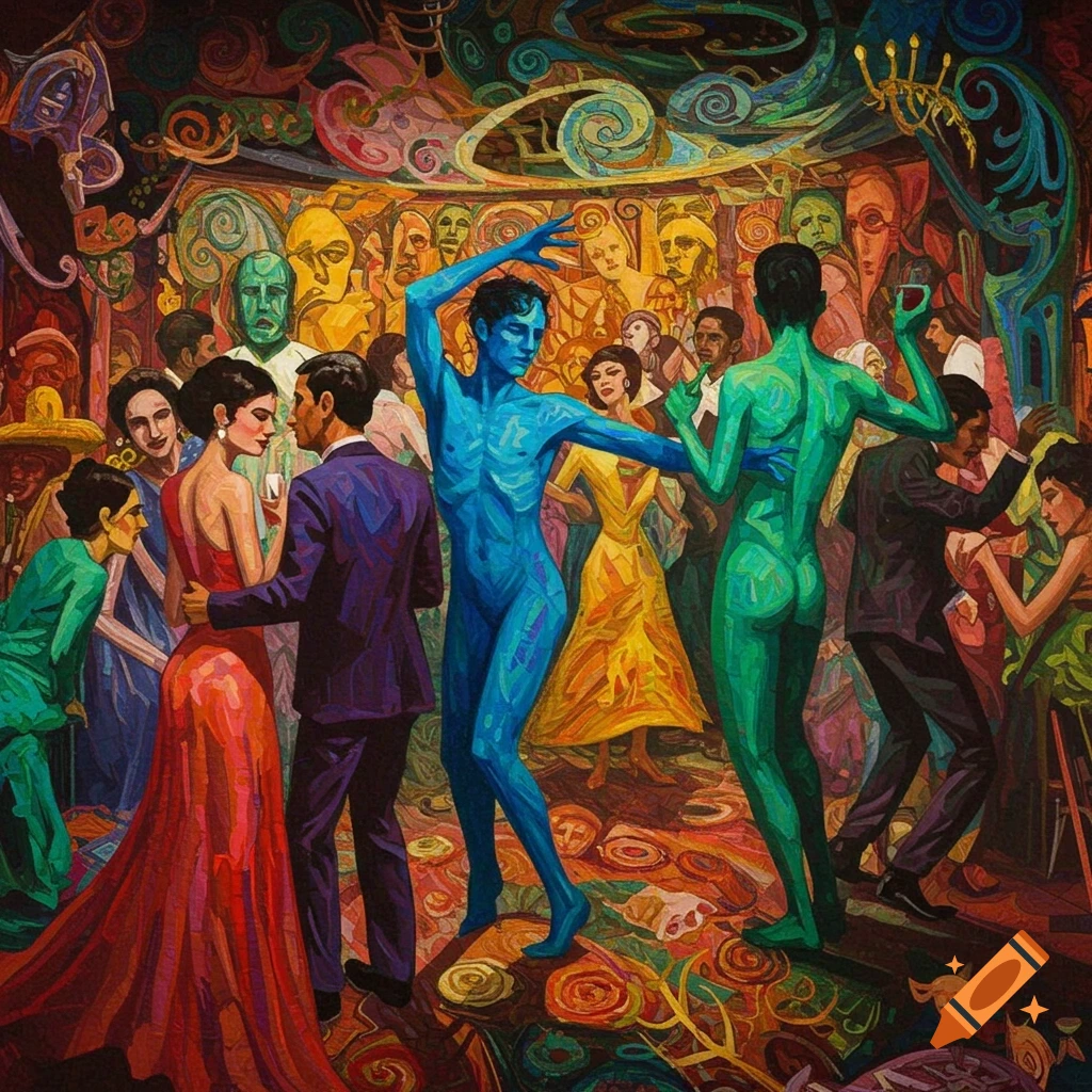 A crowded party scene with dancing figures, including central blue and green-skinned dancers.