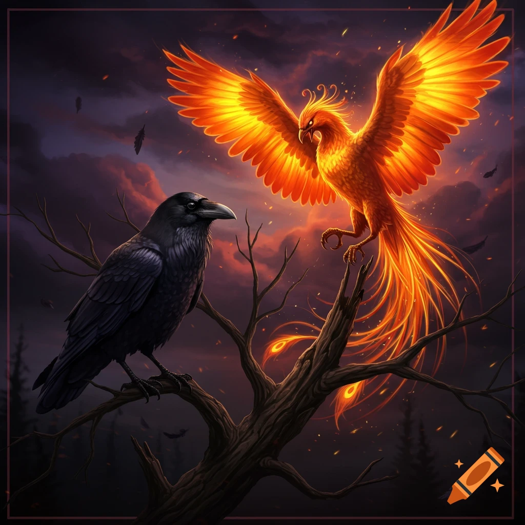 A black raven and a fiery orange phoenix face each other on bare branches against a dark, stormy sky.