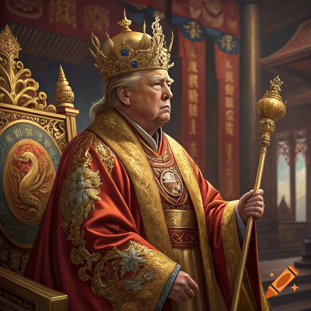 Donald Trump dressed as a Chinese emperor, sitting on a throne holding a scepter